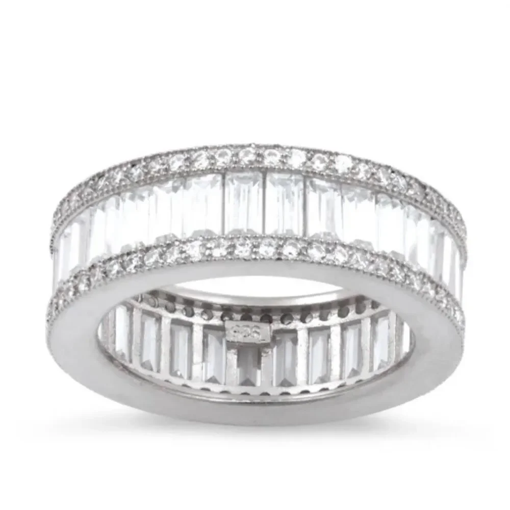 Sterling Silver Emerald Cut Eternity Pave CZ Ring New